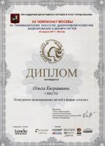Москва. XX Чемпионат Москвы по парикмахерскому искусству, моделированию и дизайну ногтей; Конкурсное моделирование ногтей в форме «Стилет»- 1 место. 2017 год
