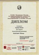 Москва. XXIII Чемпионат России по парикмахерскому искусству, моделированию и дизайну ногтей; «Классический маникюр» - ЮНИОРЫ- 5 место. 2017 год