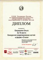 Москва. XXIII Чемпионат России по парикмахерскому искусству, моделированию и дизайну ногтей; «Конкурсное моделирование ногтей в форме «Стилет»- 10 место. 2017 год