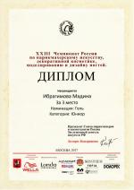 Москва. XXIII Чемпионат России по парикмахерскому искусству, моделированию и дизайну ногтей; Конкурсное моделирование – Гель - ЮНИОРЫ - 3 место. 2017 год