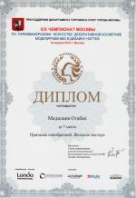 Москва. XIX Чемпионат Москвы по парикмахерскому искусству  ; «Прическа новобрачной»  - 7 место. 2016 год